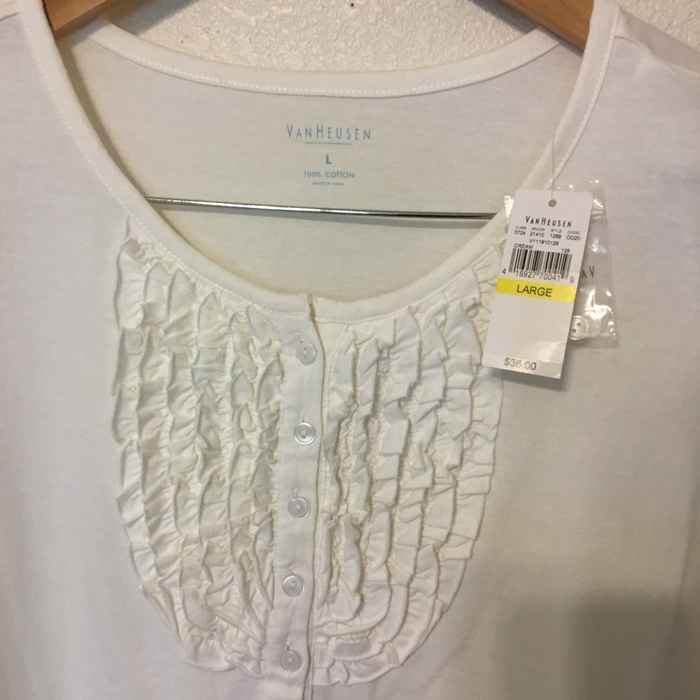 White Ruffled Van Heusen T-Shirt-NWT
